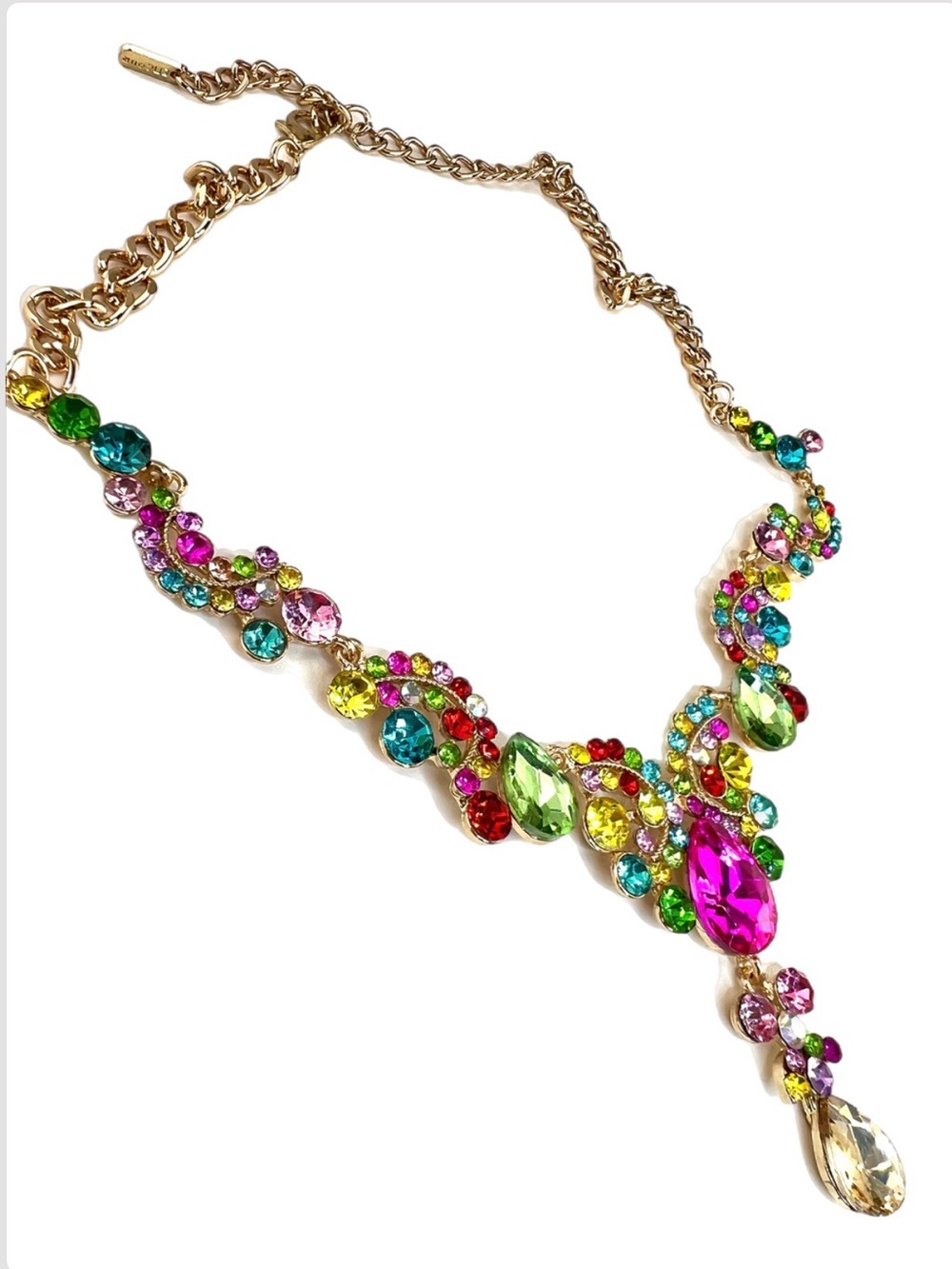 Multicolor Crystal Teardrop Necklace & Earring Set - Gold Tone - Picture 3 of 6